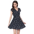 thumbnail image 1 of Vestido De Manga Corta Fluido Floral Con Cinturón Y Cuello En V Cruzado Bohemia Para Mujer Azul L, 1 of 6