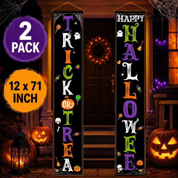Festive Find Store Halloween Porch Banners 12x71 Inch Trick or Treat & Happy Halloween Door Hanging Decor, Outdoor Spooky Holiday Signs (2-Pack)