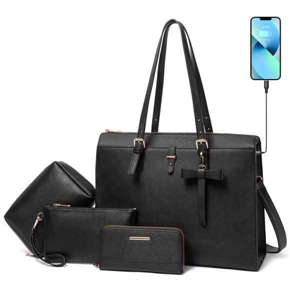 Keyli Laptop Tote Bag for Women Waterproof Leather Work Laptop Briefcase with Built-in USB Charging Port Computer Shoulder Bags Fits 15.6 Inch, Busin