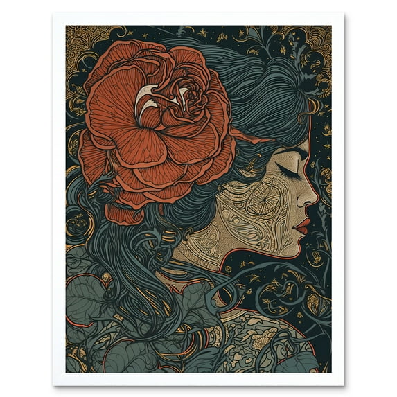 Woman with Rose in her Hair Linocut Illustration Art Print Framed Poster Wall Decor 12x16 inch