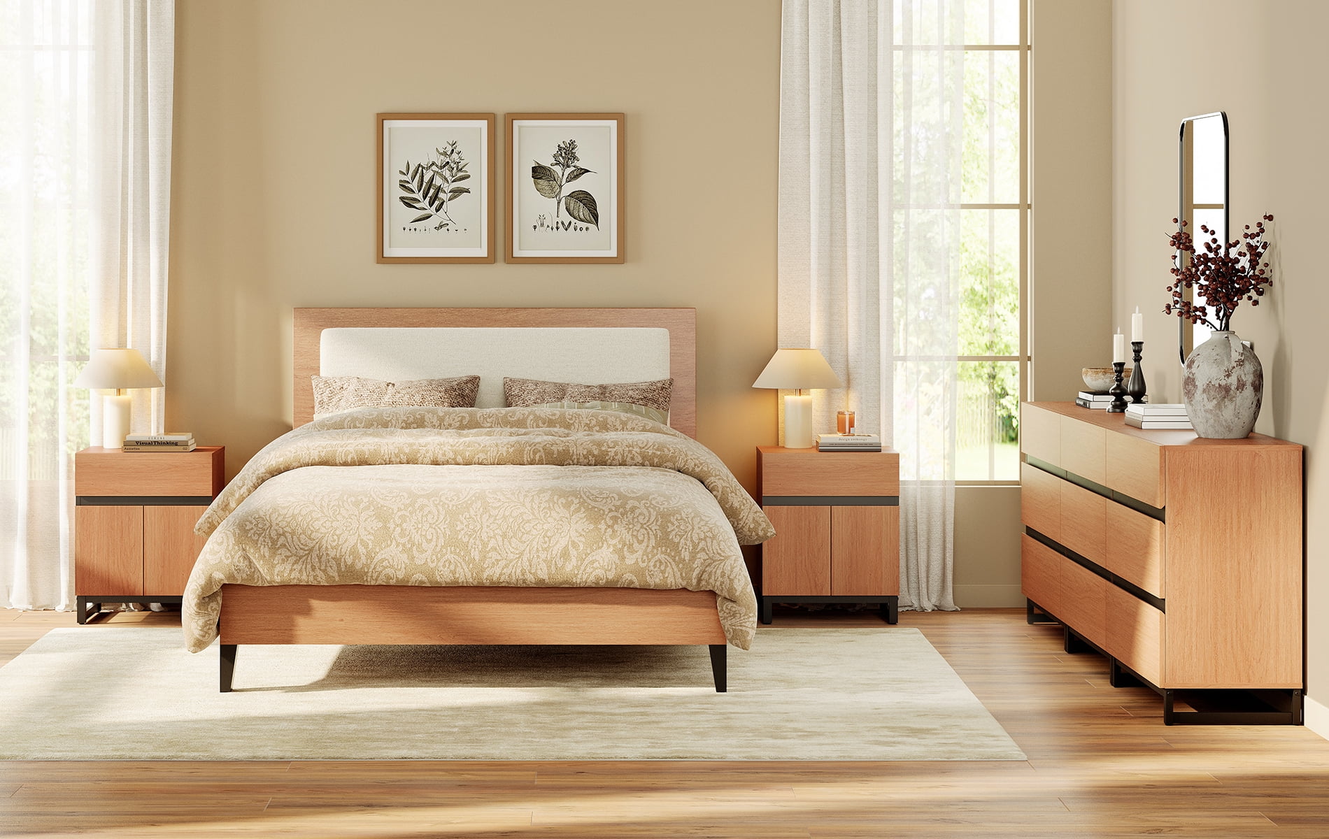 WAMPAT 4-Piece Dresser & Nightstand Set, 94.5 Inch 6-Drawer Dresser & 2 Nightstands with Drawer & Cabinet, Bedroom Furniture Collection