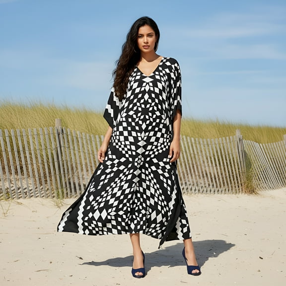 Black and White Kaftans for Women Geometric Plus Size Kaftan Dresses Women's Long Maxi Ladies Kimono Online by Oussum
