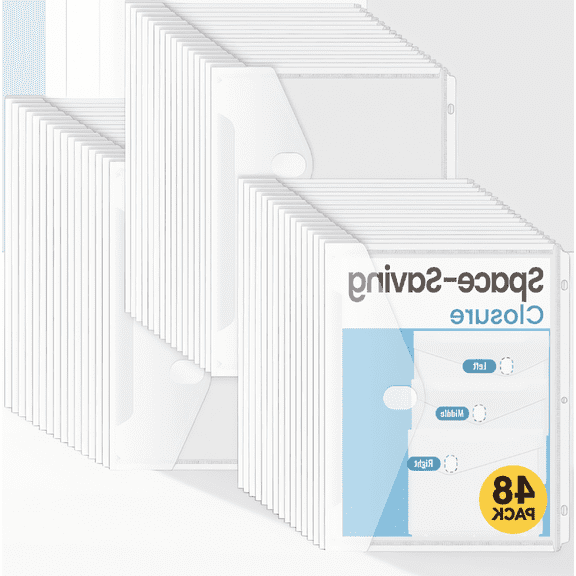 48 Pack Binder Pockets with Staggered Closures, 3-Hole Punched Side Loading Clear Plastic Folders, Letter Size, Fits 3 Ring Binder