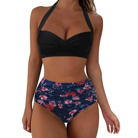QYZEU Women s Bikini Swimsuits Sexy Womens Bikini Top Women High Waisted Bikini Push Up Two Piece Swimsuits Vintage Swimsuit Retro Print Bikini Set Swimsuits Dark Blue XL