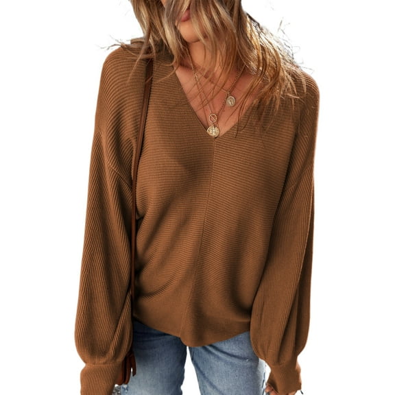 Women's Camel Ribbed Knit Drop Sleeve V Neck Loose Fit Sweater - Cozy & Chic - [ZhiHiMeRi] | (US 12-14)L