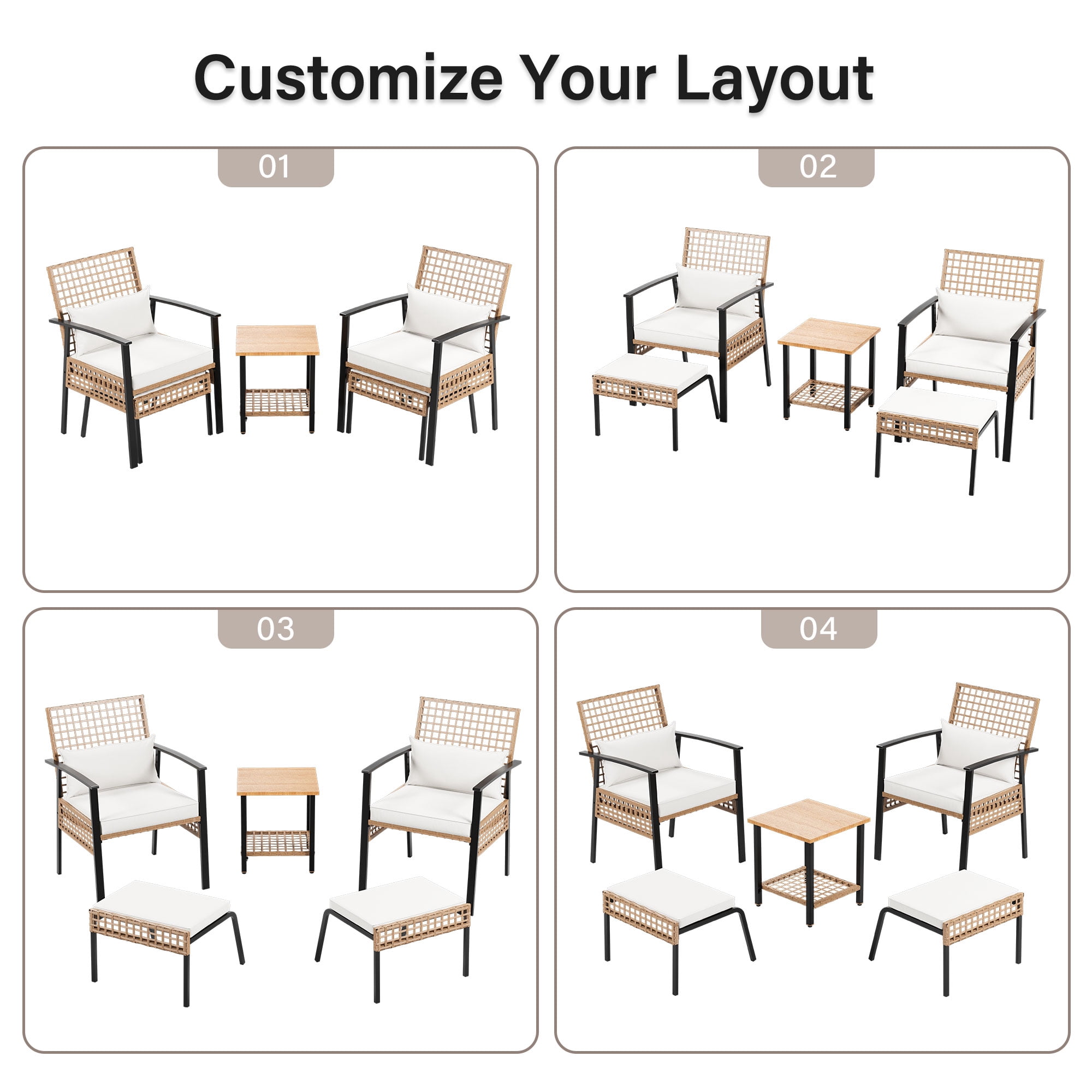 LAUSAINT HOME 5 Pieces Patio Furniture Set with Ottomans, Wicker Outdoor Conversation Set with Cushions and Coffee Table for Backyard, Poolside, Porch, Balcony