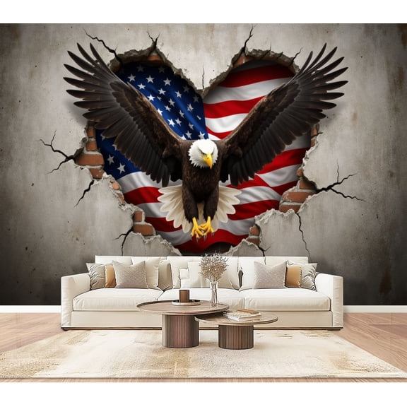 Wallpaper Bald Eagle Cracked Wall American Flag Independence Day Peel and Stick Wall Murals 100"H x 144"W Removable PVC Wall Paper Self-Adhesive Wall Paintings Art Decor for Bedroom Living Room