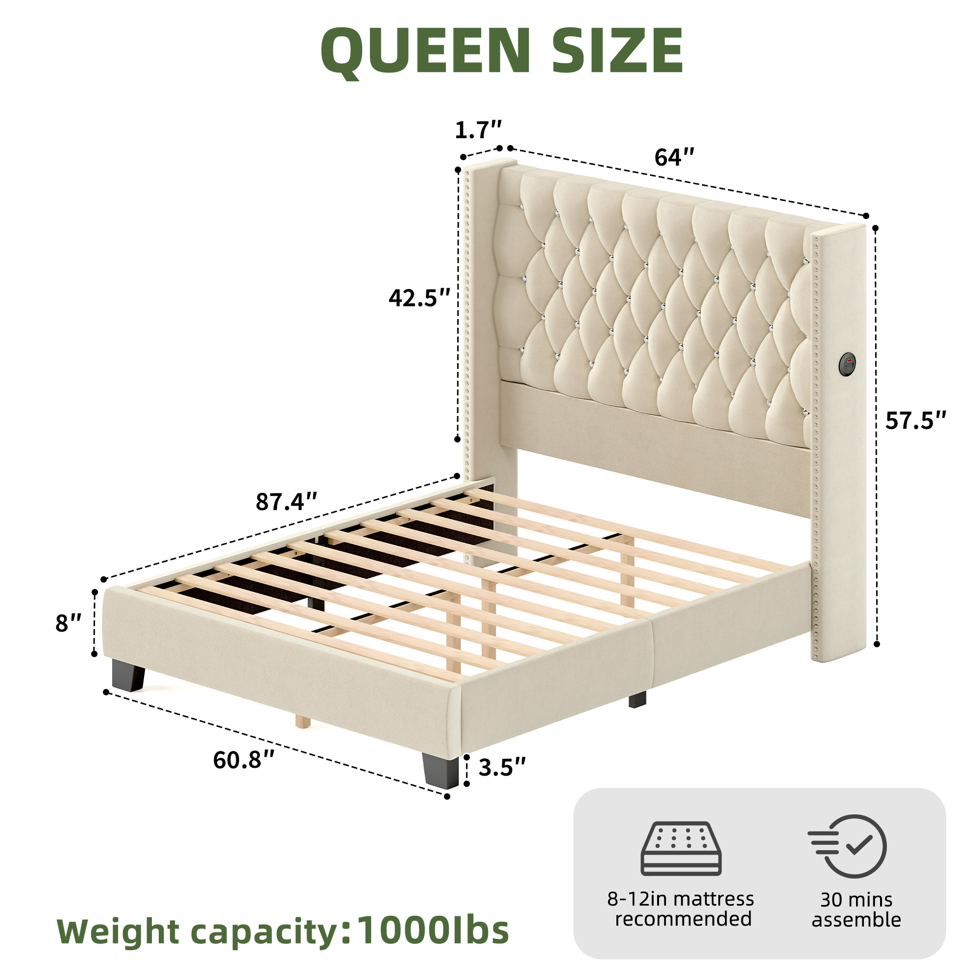 Uforic Queen Wingback Bed Frame with 58" Tall Headboard and USB Charging Stations, Tufted Velvet Upholstered Platform Bed, Easy Assembly, Beige