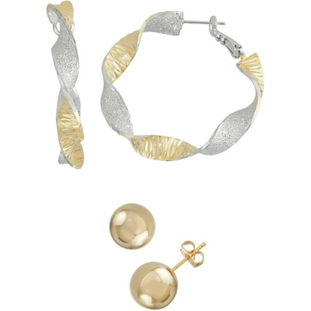 X & O Two-Tone and Gold-Tone Swirled Hoop and Shiny Stud Earring Set, Sizes 40mm and 12mm, 2 Pairs