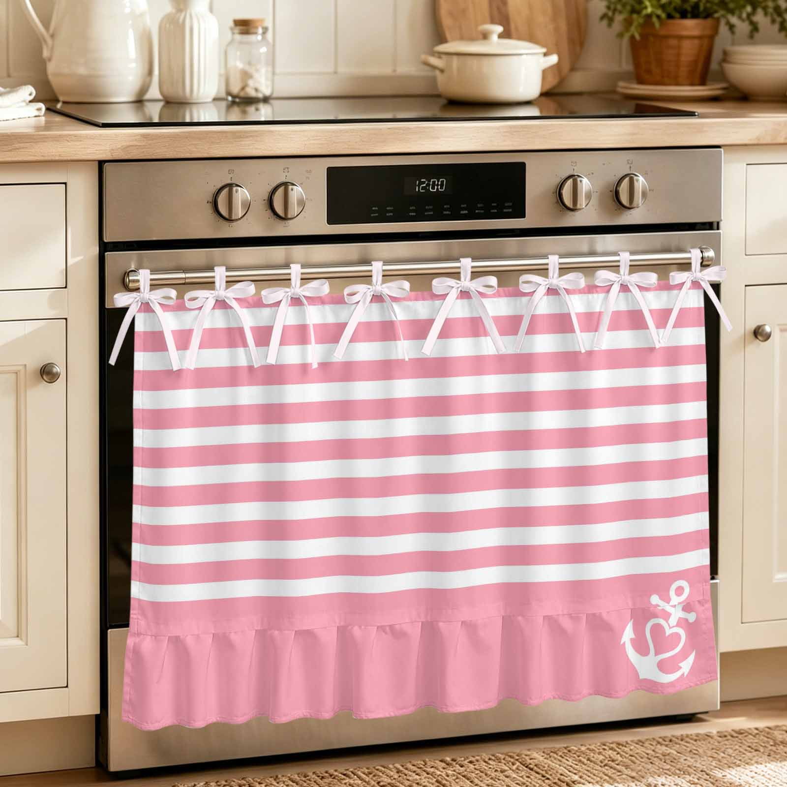 Oven Curtain for Kitchen White Nautical Anchor on Pink Stove Curtain With Ruffled Trim Dishwasher Curtains Classic Geometric Striped Oven Skirt 30 x21.5