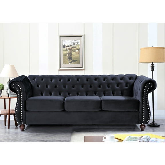 Uspridefurniture Fender 82.6'' Velvet Rolled Arm Sofa,Black