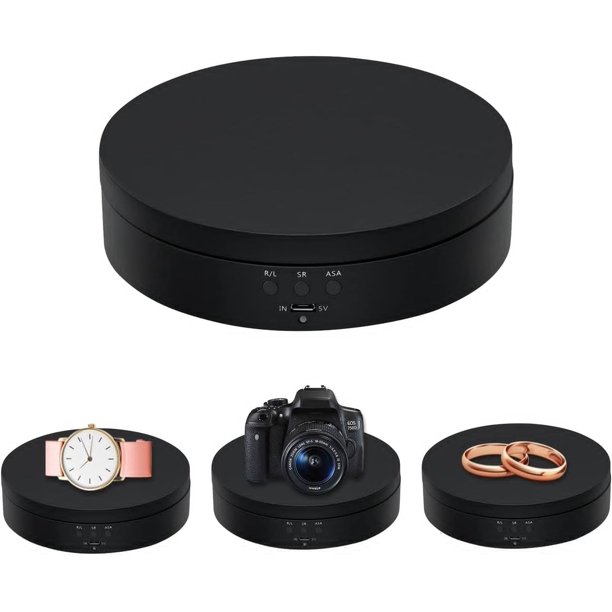 Soporte de exhibición giratorio de 360 grados, plato giratorio eléctrico de 5,4 pulgadas con poco ruido para joyería/productos de fotografía/reloj/taza, etc. Negro