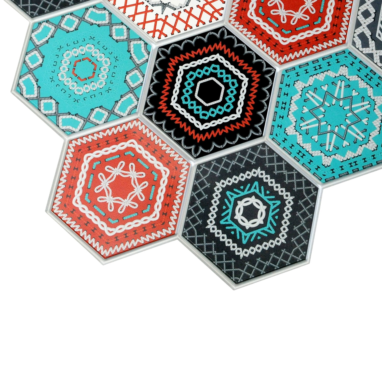 Multicolor Faux Hexagon Mosaic, 3.2 ft x 1.6 ft, PVC 3D Wall Panel, Interior Design Wall ...