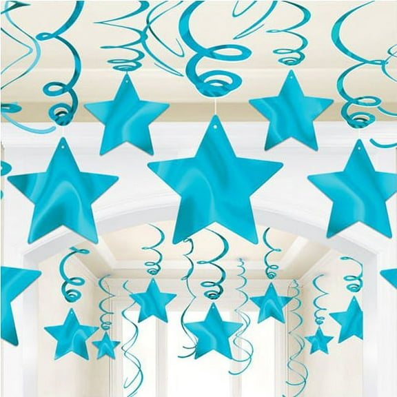 Amscan Light Blue Foil Star Hanging Decorations, 30 Count