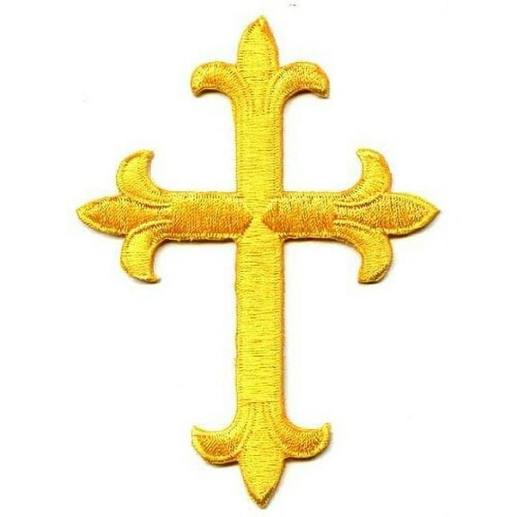 Cross - Yellow - 4" Fleur De Lis - Religious - Iron On Applique/Embroidered Patch