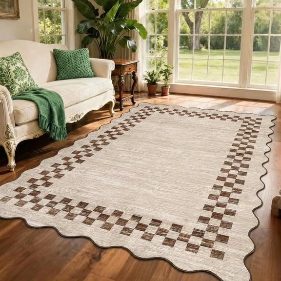 6x9 Washable Checkerboard Border Area Rug, Modern Scalloped Low Pile Non Slip Carpet, Stain Resistant Foldable Indoor Rug for Living Room Bedroom Dining Room Entryway,Light Camel