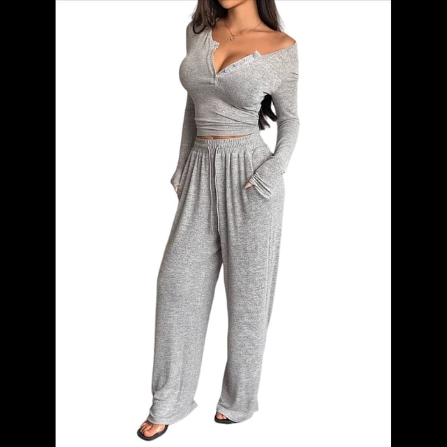 Conjuntos de Dos Piezas de Otoño para Mujer, Camiseta de Larga con Cuello en V y Pantalones Anchos, Conjuntos de Chándal Informal. Gris XL