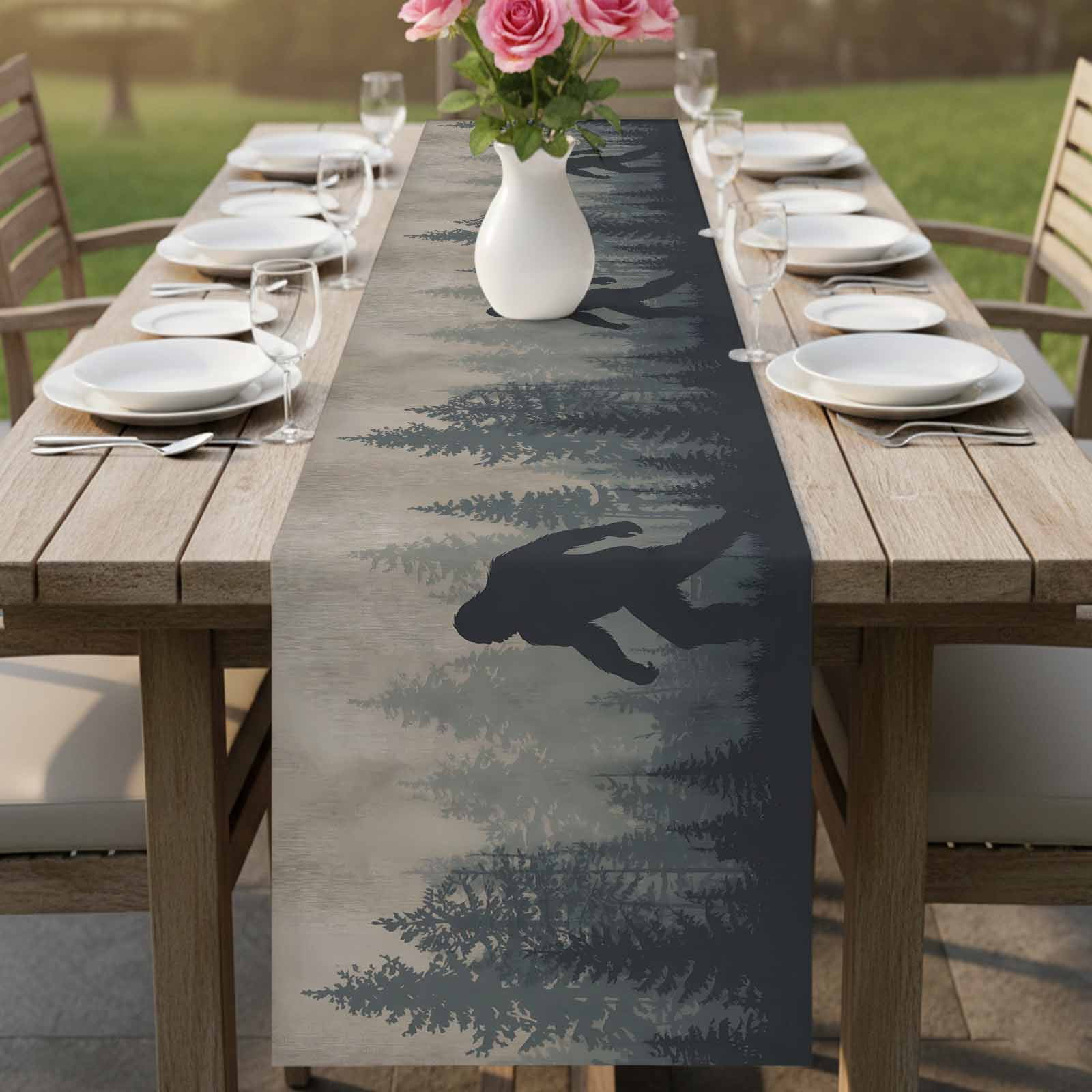 Forest Bigfoot Table Runner, Vintage Sasquatch Animal Silhouette Foggy Dark Forest Plant Cotton Linen Kitchen Table Decoration Washable Dining Tabletop Runners for Home Party Decor 13x90 Inches