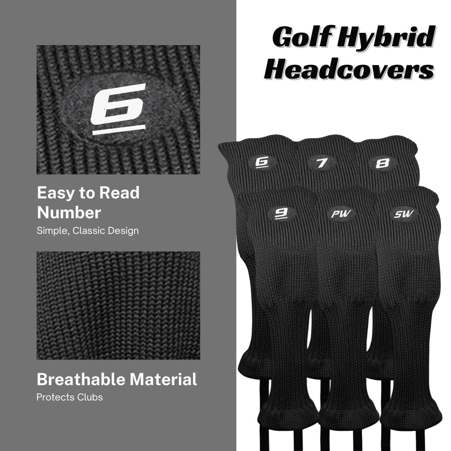 Majek All Hybrid Head Cover Golf Club Black Sleek Tight Fit Headcover Set 6-SW Acrylic Head Covers 6 7 8 9 PW SW Easy to See Large White Embroidered Numbers