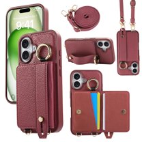 ELEHOLD Case for iPhone 16, Shockproof PU Leather Crossbody Wallet Case with Wrist Strap & Kickstand & Card Holder,Winered