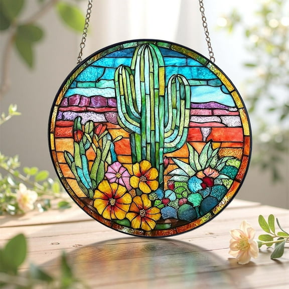 New Cactus Stained Glass Suncatcher, Colorful Desert Floral Window Hanging, Boho Wall Art, Gift for Plant Lovers & Southwest Decor Fans