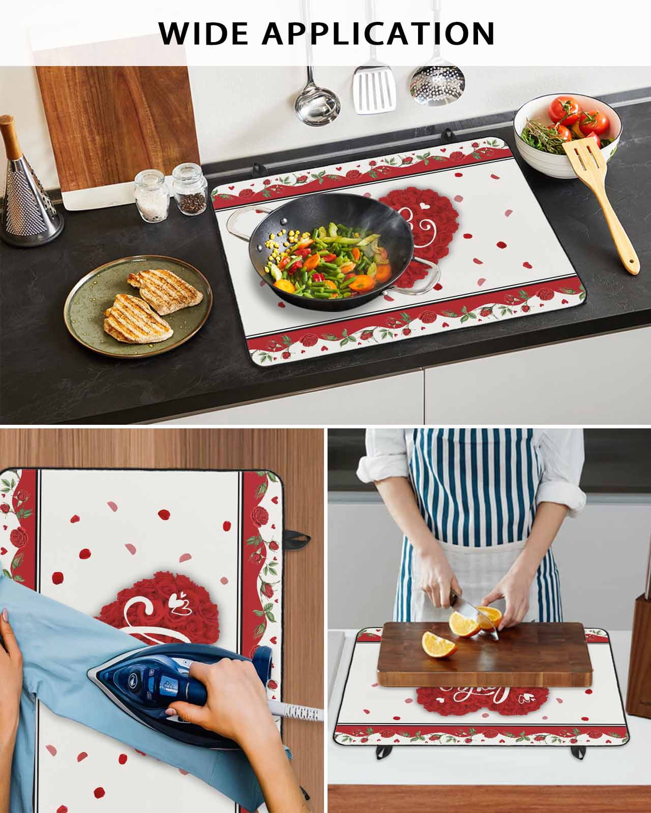 Large Induction Cooktop Protector Mat Red Valentine's Day Stove Top Covers for Electric Stove, Love Heart Roses Romantic Decorative Stove Burner Cover Mats, Glass Top Stove Cover