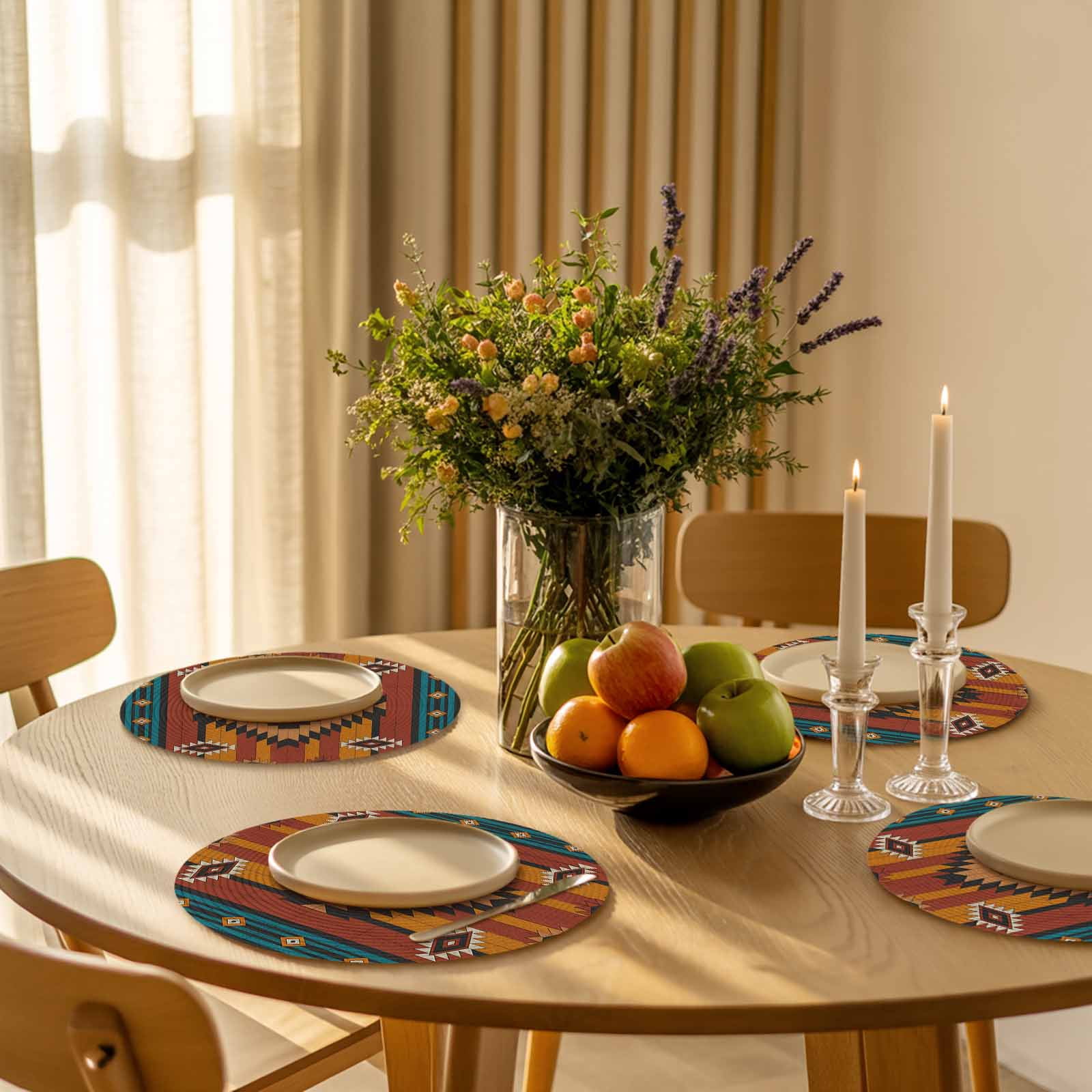 Aztec Southwest Round Placemats Set of 8 for Dinning Tables,Heat-proof Braided Table Mats 13 Inch,Vintage Geometric Farmhouse Art Washable Place Mat for Kitchen Restaurant Party Decor Table Setting