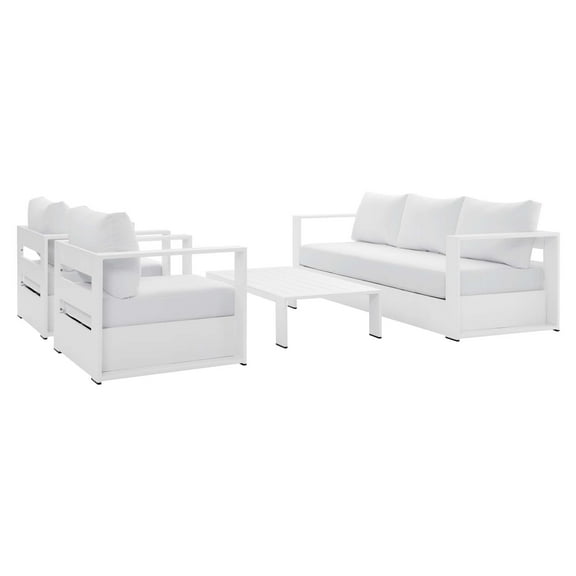 Lounge Sectional Sofa Chair Table Set, White, Aluminum, Metal, Fabric, Modern Contemporary, Outdoor Patio Balcony Cafe Bistro Garden Furniture Hotel Hospitality