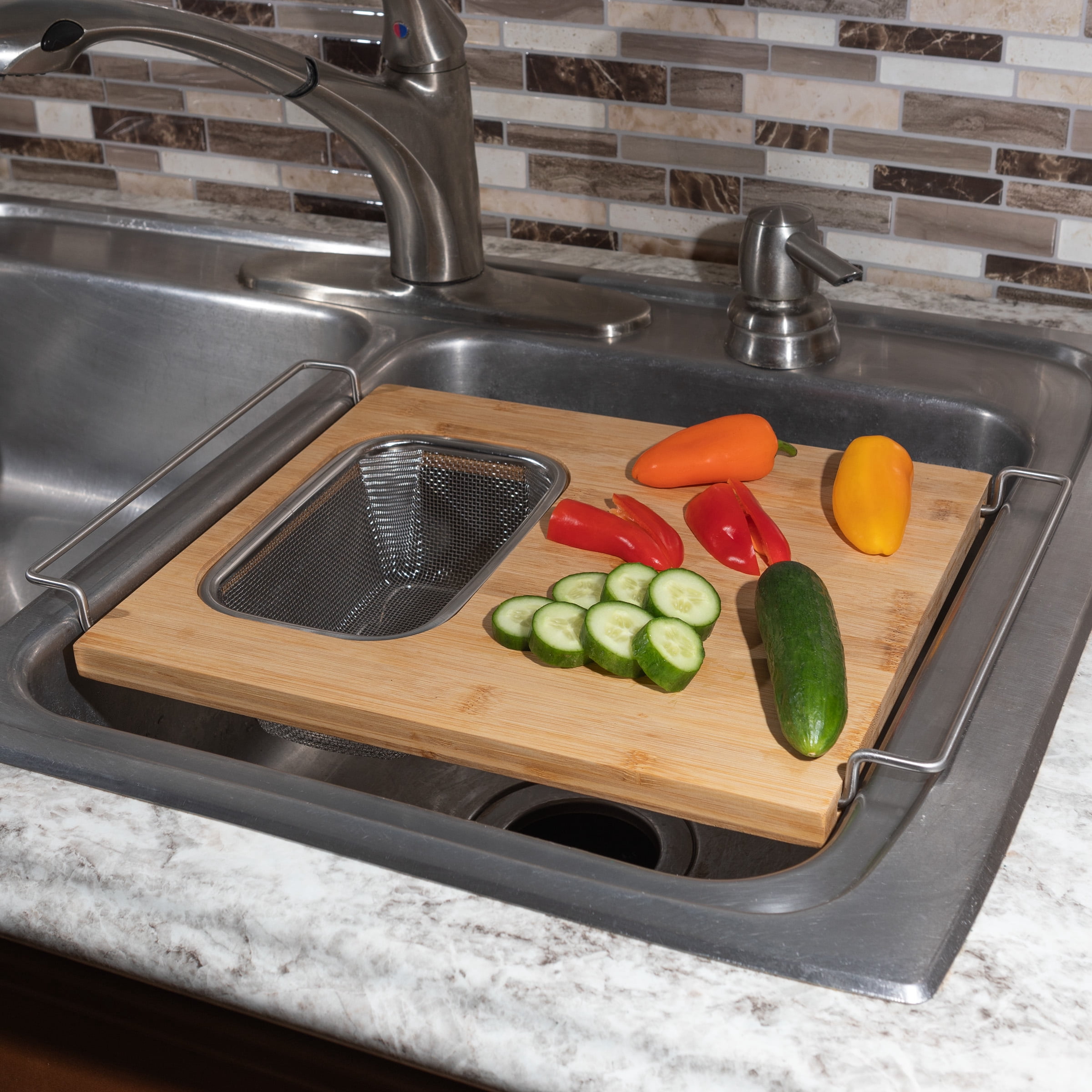 Classic Cuisine 2 in 1 Bamboo Cutting Board with Strainer for Over the Sink