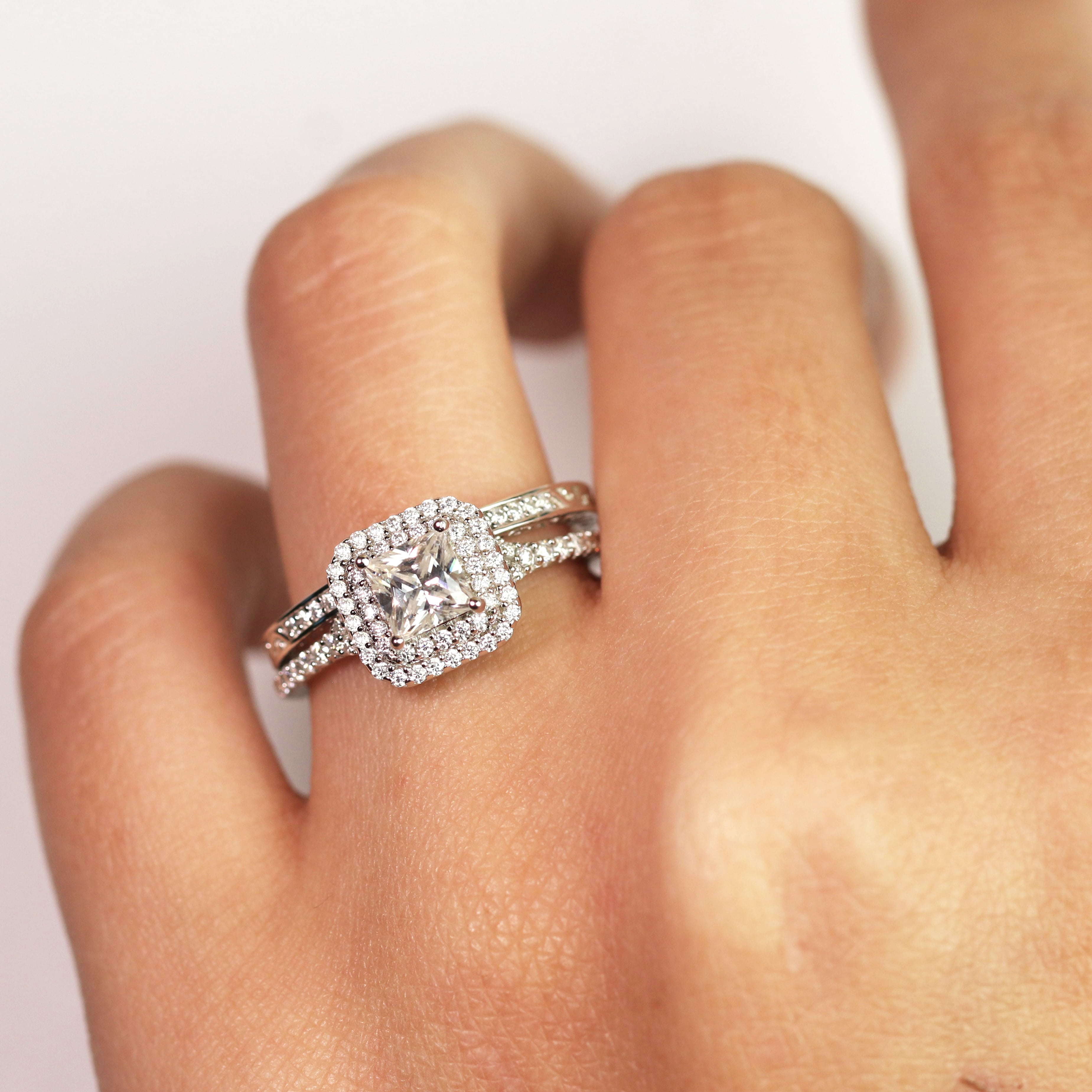 JeenMata 1.75 ct - Square Cut Moissanite - Pave Set - Split Band - Double Halo Engagement Ring - Bridal Set - 18K White Gold Plating for Women