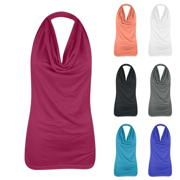 HAPIMO Women's Trendy Slim Dressy Tank Tops Sleeveless Halter Hanging Neck Pullover Elegant Casual Backless Blouses for Teen Girls Summer Solid Color Ruched Black XL