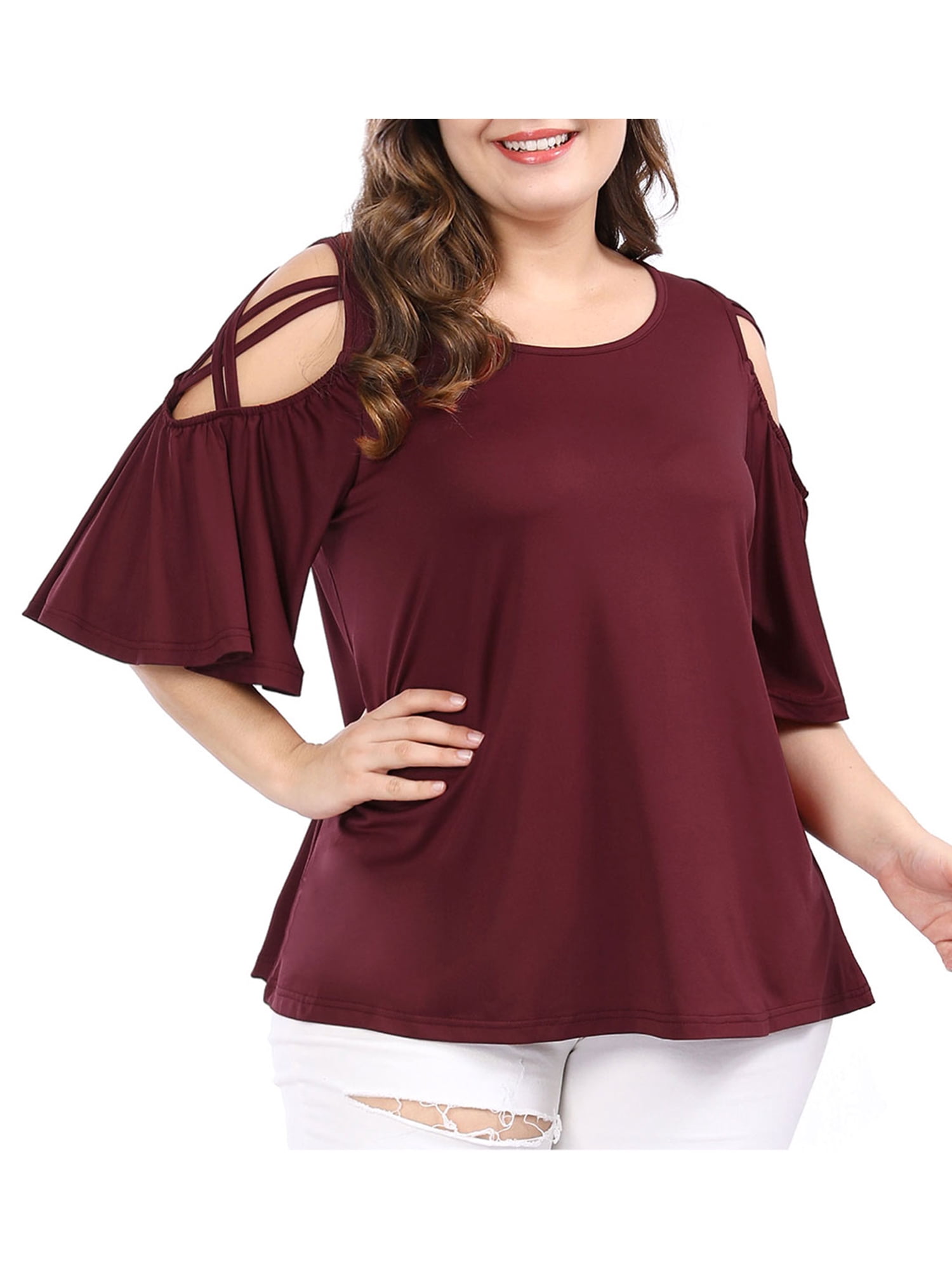 DARING DIVA Women's Plus Cold Shoulder Bell Casual Sleeve Top 1X Red