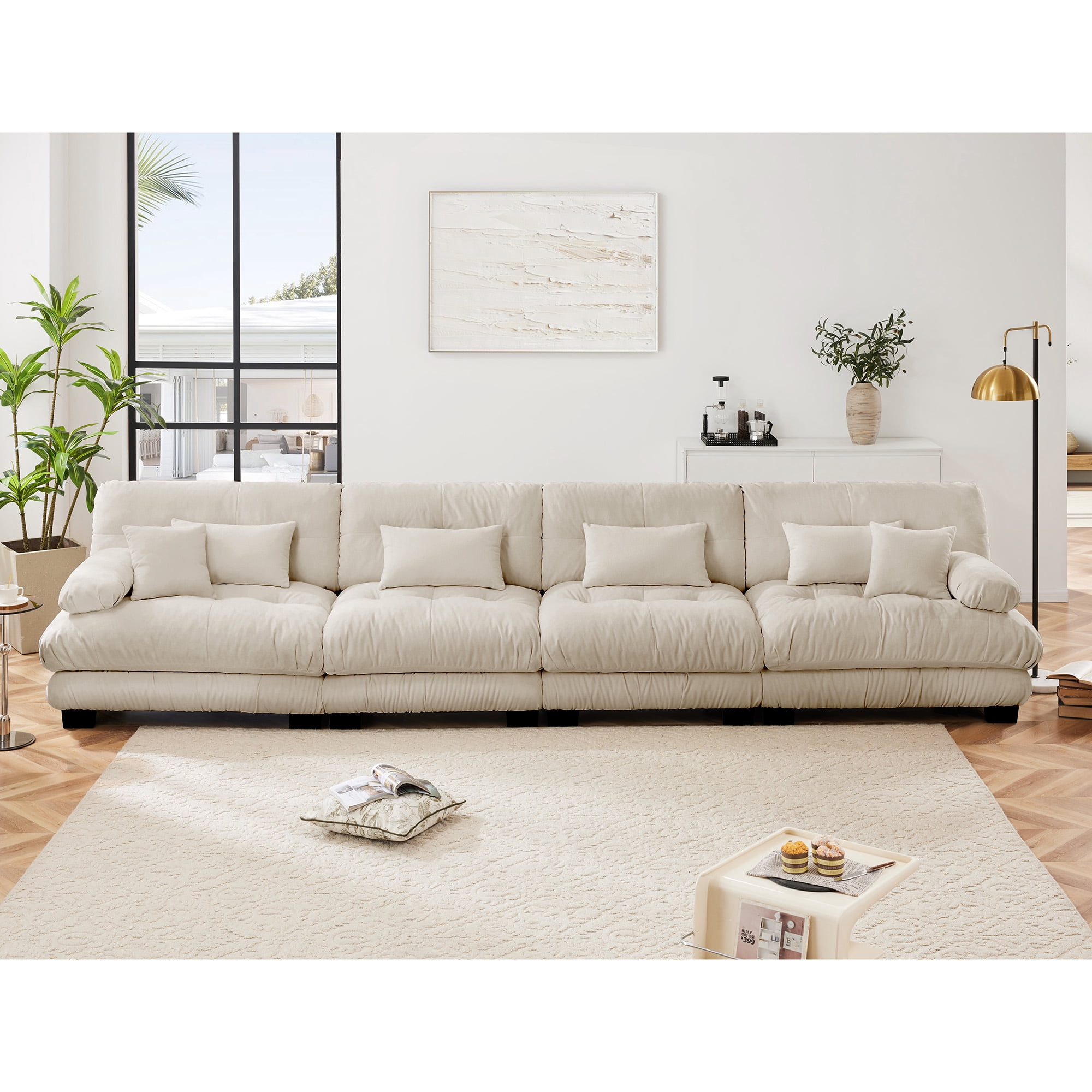 Gewnee White Chenille Cloud Couch 2 Seater Sofa for Living Room, Chenille 2 - Seat sofa with 2 Lumbar pillows and 2 throw pillows,