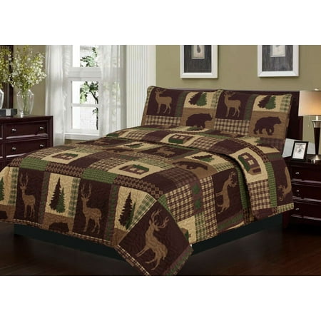 Rustic Cabin Lodge Deer And Bear 3 Piece King Quilt And Sham Set