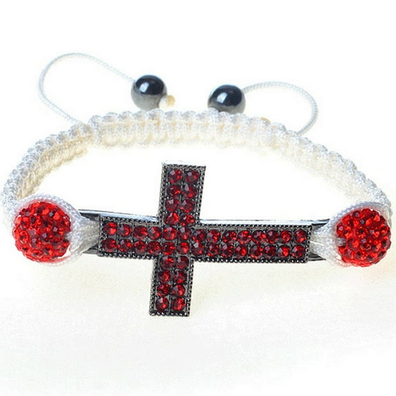 Silver-Tone Cross Red CZ White Cord Macrame Beaded Adjustable Bracelet
