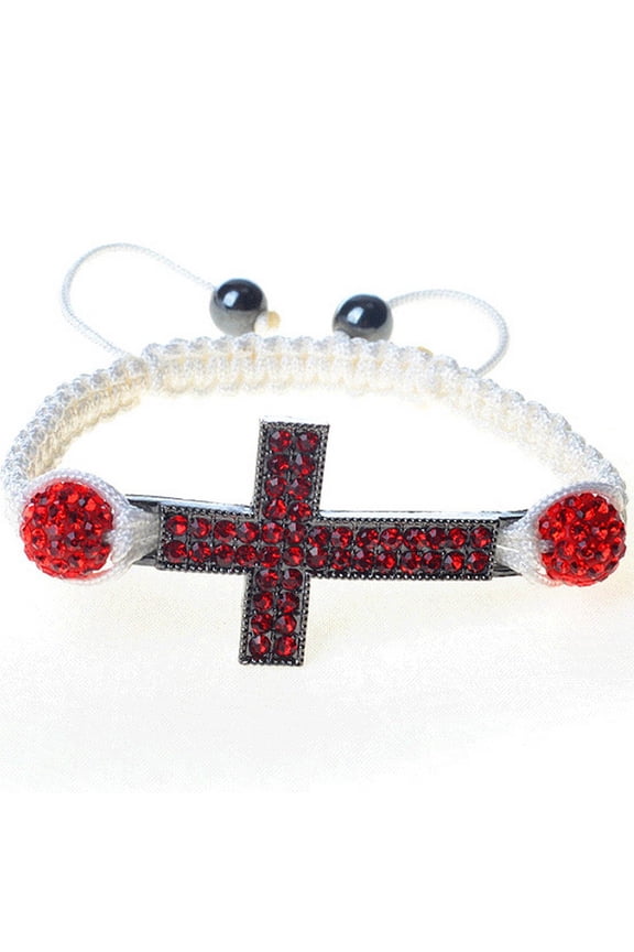 Silver-Tone Cross Red CZ White Cord Macrame Beaded Adjustable Bracelet