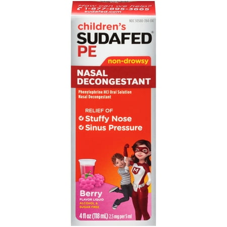 Children's Sudafed PE Nasal Decongestant, Raspberry-Flavored, Liquid 4 Oz