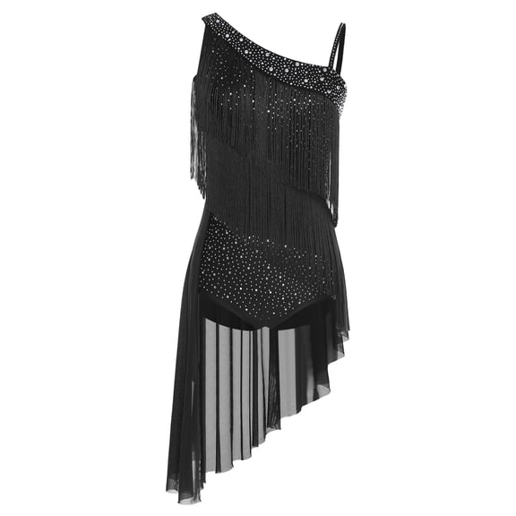 inlzdz Womens Latin Tango Dance Dress Asymmetrical Shoulder Tassel Ballroom Performance Bodysuit Black XL
