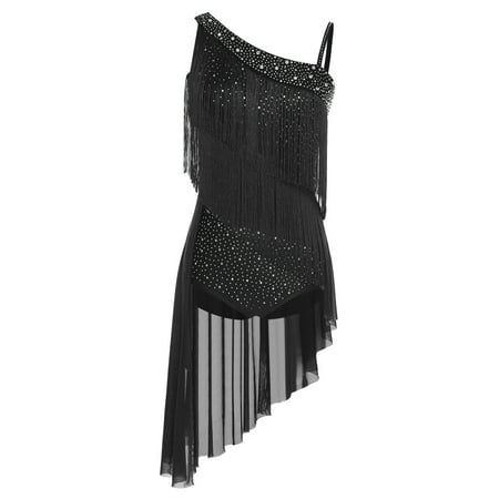 SiiRoh Latin Dance Dress for Women Asymmetrical Shoulder Fringe Skirted Leotard Samba Ballroom Dancing Black XXL