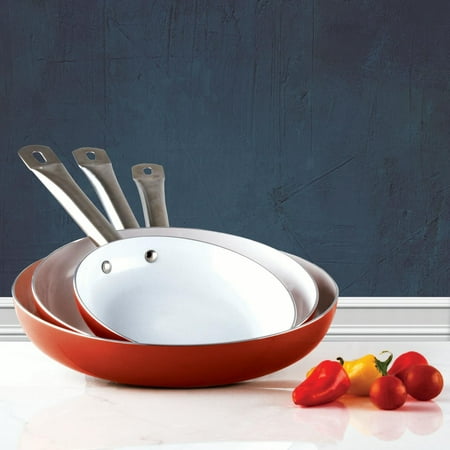 3 Pack Healthy Ceramic Frying Pan Set - Nonstick Ceramic Red Pan With Metal