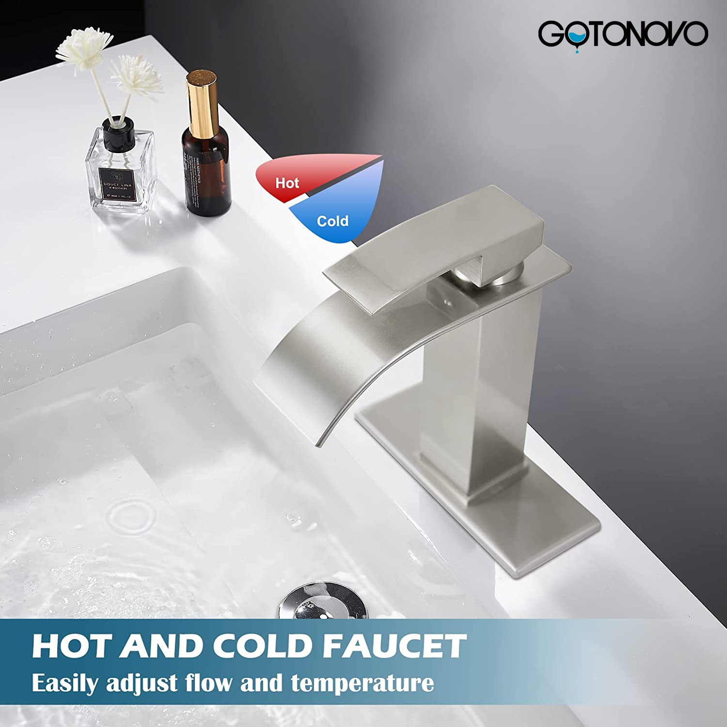 gotonovo Brushed Nickel Bathroom Sink Faucet Waterfall Spout Single Handle 1 Hole Deck Mount Mixer Tap Lavatory Vanity Sink Faucet Commercial with Deck Plate and Pop Up Drain