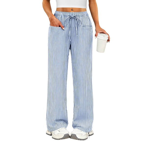 Womens Striped Gingham Pants Pajama Drawstring Wide Leg Lounge Plaid Pants Cute Casual Trousers with Pockets Sky Blue 2XL