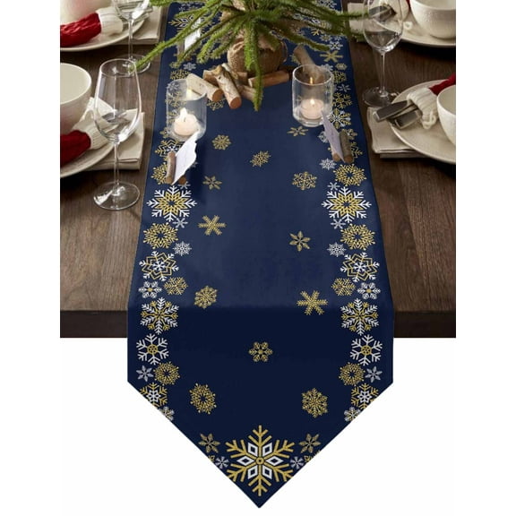 Table Runner Dresser Scarves Merry Christmas Gold White Snowflake Cotton Linen Burlap Table Cover Winter Snow Texture on Blue Table Runners for Family Kitchen Dining Holiday Party Banquet Decor