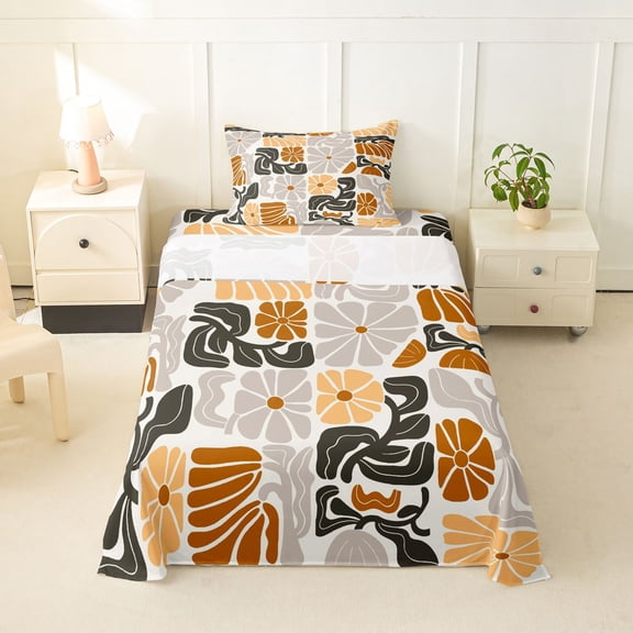 Homewish Gray Brown Boho Twin Sheets,Vintage Daisy Floral Bedding,3 Pieces,1 Fitted Sheet and 1 Pillowcase