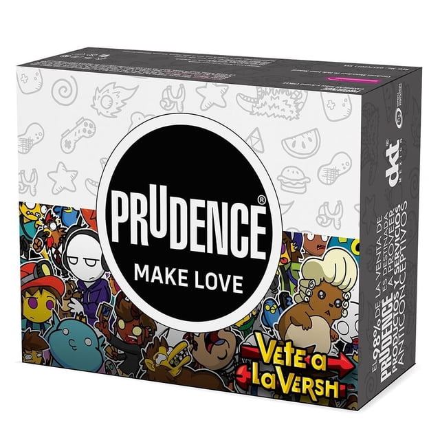 condones prudence sabor y aroma a chicle 60 piezas caja 3/4 frontal con logo Prudence centrado y "MAKE LOVE", empaque coleccionable con ilustraciones tipo cómic en la base; indica 12 carteras de 5 condones lubricados. Fondo blanco.
