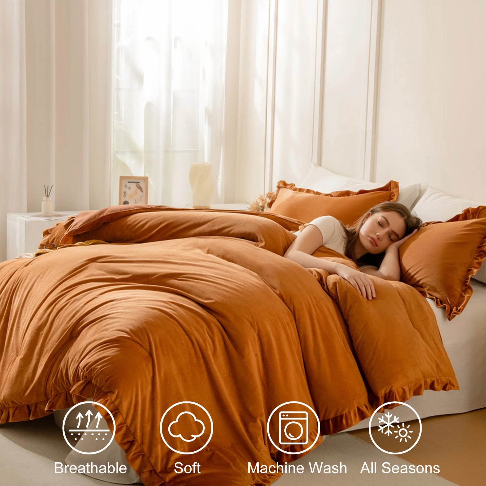 Caramel Velvet Comforter Set King, Ruffled Fluffy Plush Bedding with Pillowcases, All-Season Cozy Luxury Bed Set for Women & Girls