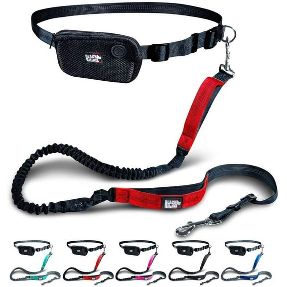 Black Rhino - Premium HANDS FREE DOG LEASH for Running Walking Jogging & Hiking - Adjustable Length Dual Handle Bungee Leash Medium – Large Dogs Neoprene Padded Handles – Free Running Pouch Red/Bl