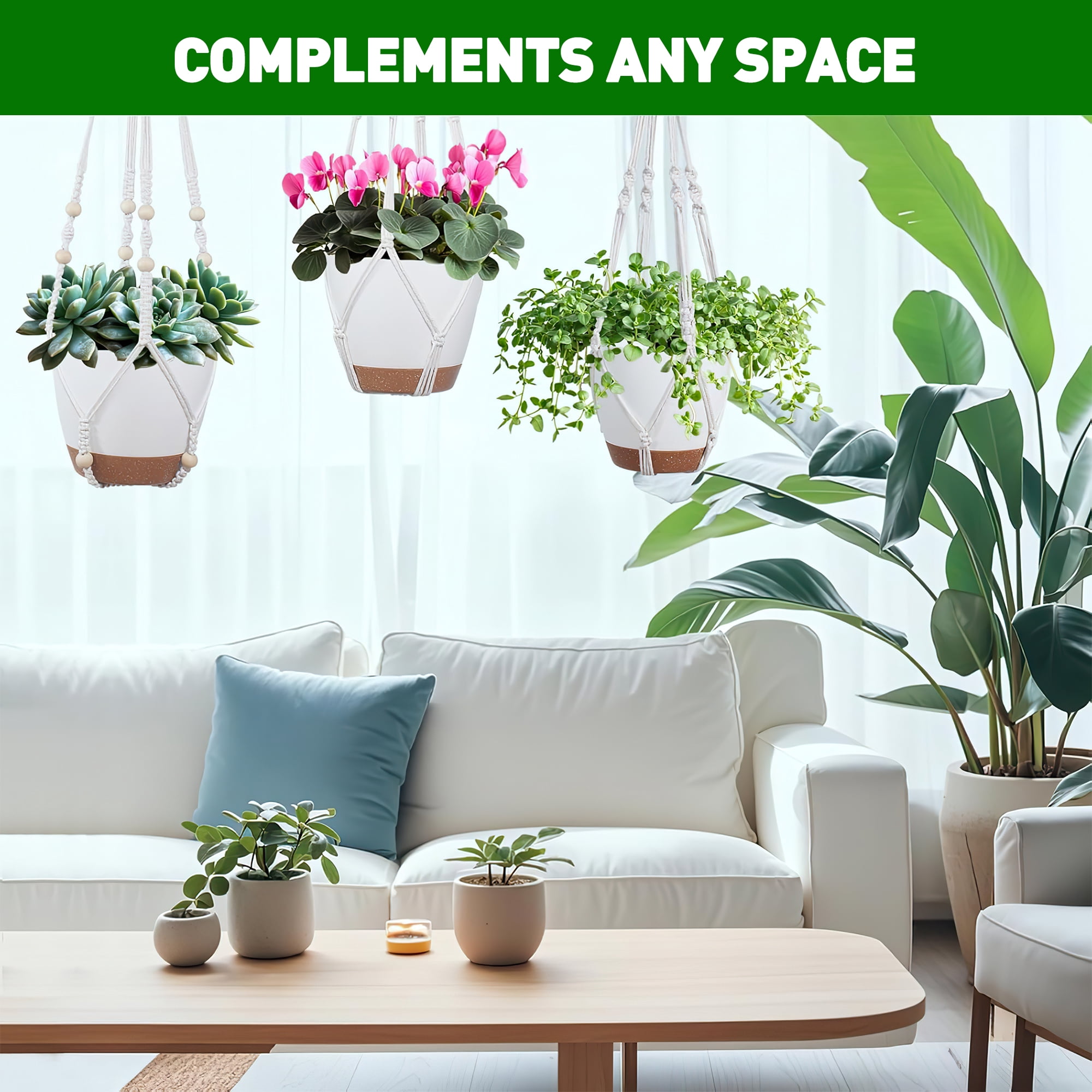 3-Pack Self Watering Hanging Plant Pots with Macrame Hangers, Plastic Planters with Drainage Holes and Saucers, Indoor Outdoor Flower Pots, Includes 3 Ceiling Hooks, 7"/6"/5.5" (White)