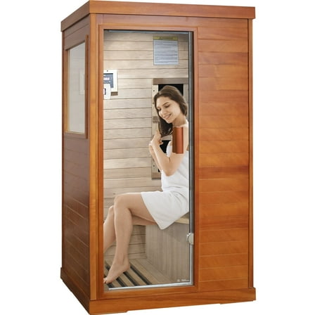OUTEXER Saunas Home Sauna Indoor African Okoume Sauna 1 Person, Low EMF Far Infrared Sauna with Bluetooth Speaker, Reading Light for Home, Living Room Bathroom Gym