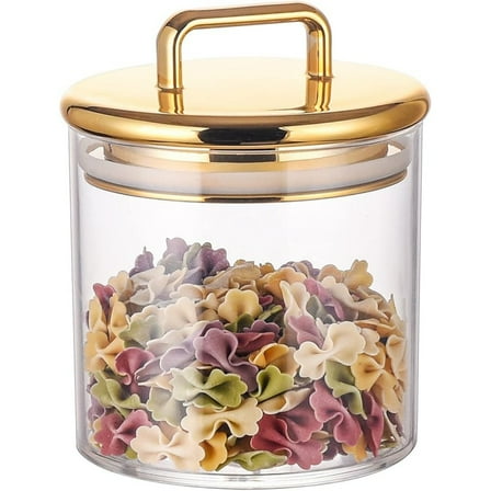 16 oz Small Acrylic Storage Apothecary Jar with Gold Airtight Lid | Bathroom Vanity Organizer Containers | Ideal D rative Canisters for Shells, Bath Salt, Cotton Swabs, Cotton Ball, Flossers